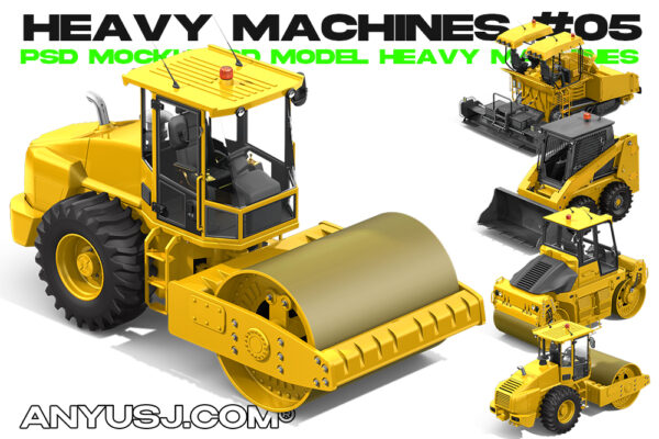 16款多角度重型施工设备铲车压路车收割机挖掘机3D立体PSD插画模型套装PSD Heavy Machines Mockup 360 PRO #05-第5289期-