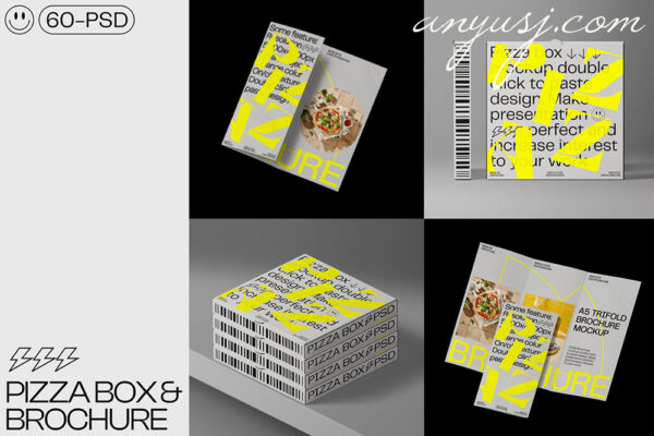 60款极简质感披萨外卖快餐食品包装纸盒三折页传单匹萨比萨包装设计作品VI品牌贴图PSD样机套装Pizza box & Brochure mockups-第5291期-