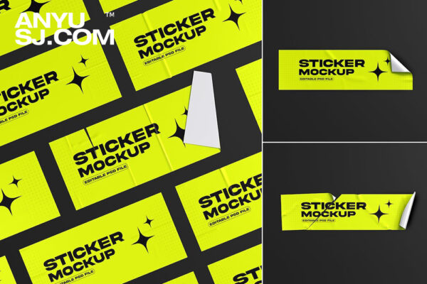 3款长方形极简褶皱撕纸贴纸设计展示PSD样机Rectangular Sticker Psd Mockup Set