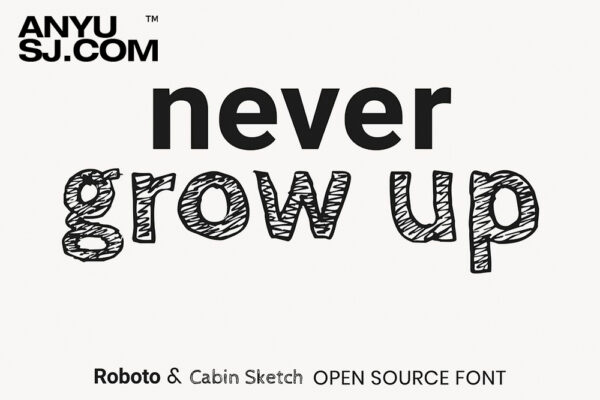可商用复古趣味极简现代手写+无衬线海报徽标排版logo字体组合Roboto & Cabin Sketch -f42-