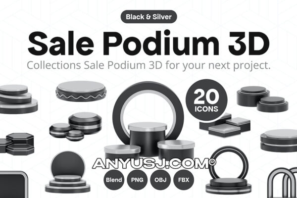 20款3D电商设计促销银黑色金属产品展示舞台Blender模型设计套装Sale Black Stage Podium 3D