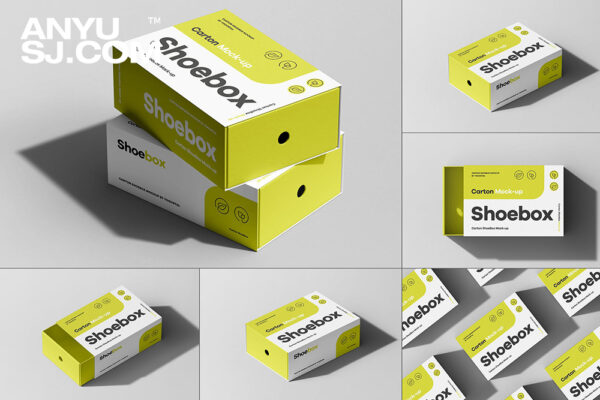 6款极简鞋盒纸盒包装盒外观设计展示PSD样机套装Shoe Box Mock-up