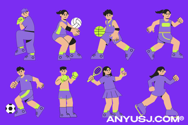 8款趣味卡通手绘男女生体育运动插画插图配图AI矢量图形套装Sport Activity Illustration Set