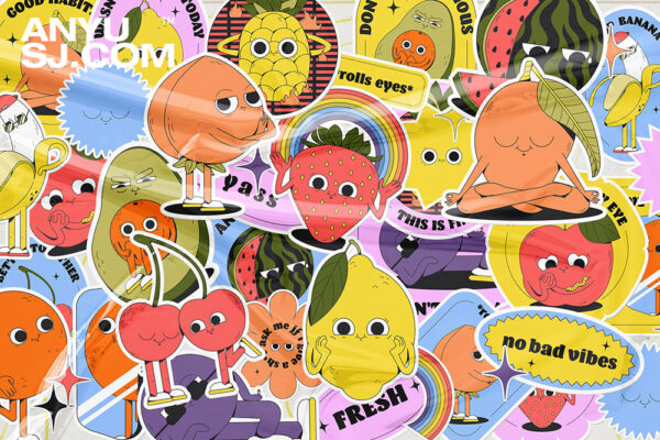 38款趣味可爱Y2K拟人水果系列插画贴纸logo徽标AI矢量图形设计套装Suspicious Fruits – vector stickers-第5280期-