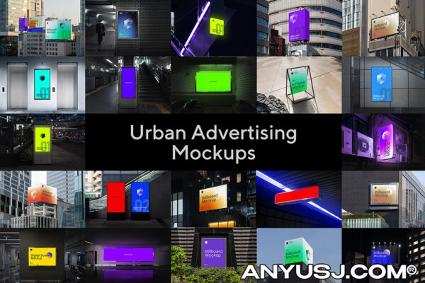 36款真实摄影都市城市街道广告牌招牌灯箱数字屏幕巨型横幅电梯海报广告设计展示PSD样机套装Urban Advertising Mockups-第5211期-