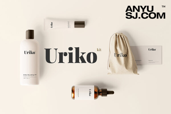 25款极简化妆护肤品精油乳液品牌VI包装纸盒刀图设计展示贴图PSD样机套装 Uriko – Cosmetic Branding Kit-第5198期-