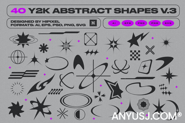 40款复古抽象几何星芒元素Y2K徽标logo图标AI矢量设计套装Y2K Abstract Retro Shapes V.3-第5333期-