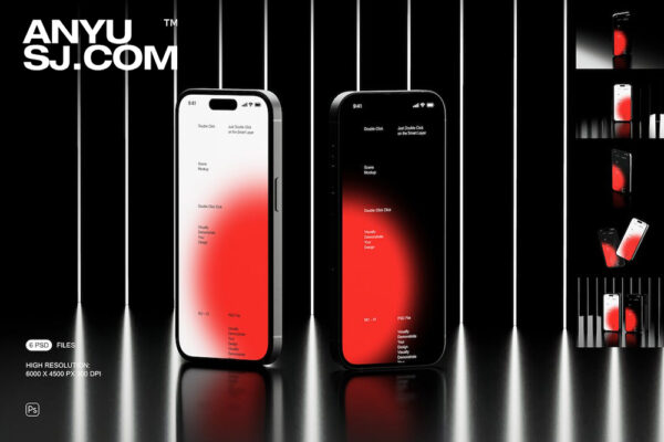 6款极简工业风暗黑iPhone 14 Pro苹果手机UI屏幕界面APP设计展示PSD样机套装iPhone 14 Pro Mockup Set