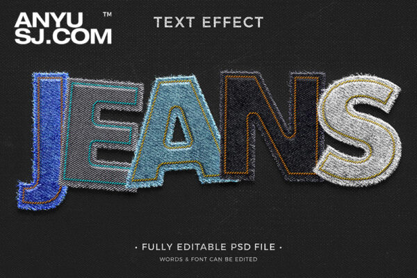 10款牛仔布料针织效果文字logo徽标文本标题PSD特效样机套装Jeans text effect-第5269期-