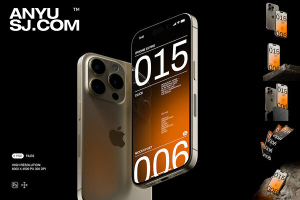 6款极简工业风iPhone 15原色手机广告UI设计APP界面展示PSD样机套装iPhone 15 Pro Mockup Set-第5329期-
