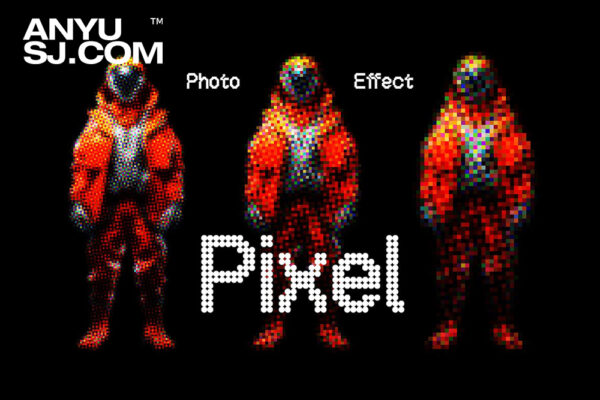 复古彩色像素半调设计图像文本设计PSD特效样机Colorful Pixels Photo Effect-第5479期-