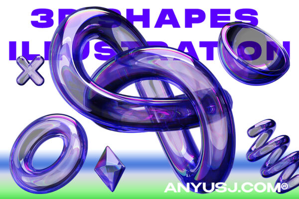 20款透明3D紫色玻璃水晶几何抽象模型PNG设计套装3D Shapes Illustration-第5343期-