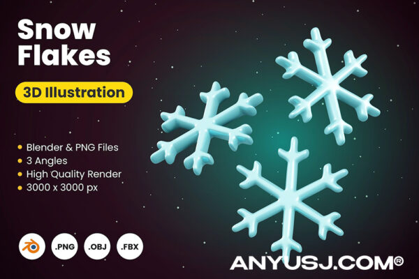 3款3D立体雪花插画模型设计套装3D Snow Flakes