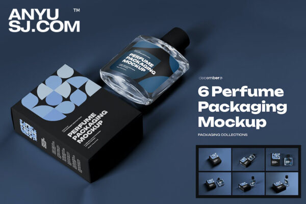 6款极简香水瓶玻璃瓶外包装纸盒包装盒设计展示PSD样机6 Perfume Packaging Mockups. Box and Bottle