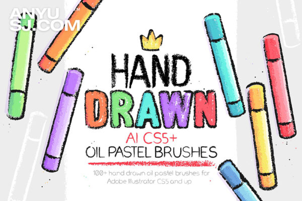 100+真实质感油画棒蜡笔手绘涂鸦AI矢量笔刷套装AI hand drawn oil pastel brushes-第5361期-