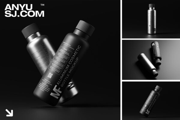 8款极简暗黑质感铝制金属拉丝哑光工业风化妆品瓶子包装设计展示PSD样机套装Aluminium Cosmetic Bottle Duo Mockup Set