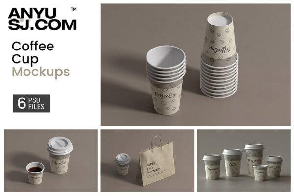 6款极简咖啡品牌VI纸袋包装咖啡杯设计展示PSD样机Coffee Cup Mockups