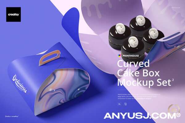 5款质感高档精致弧形蛋糕盒纸盒甜点盒包装盒手提盒PSD外观设计展示样机套装Curved Cake Box Mockup Set 2-第5448期-