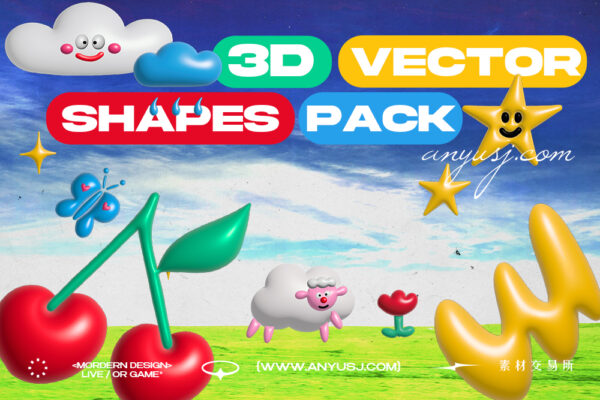 39款趣味卡通Y2K复古系列3D立体AI矢量表情包樱桃花朵云绵羊插画图形套装Design Elements Pack #7 3D Vector Shapes Pack-第5429期-