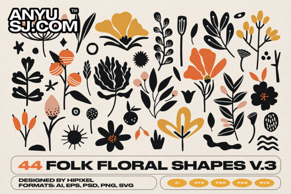 44款复古波西米亚logo图案标志手绘树叶植物花卉AI矢量插画插图图形图案设计套装Folk Floral Shapes V.3