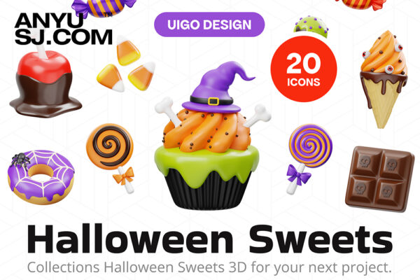 20款万圣节甜品甜食糖果蛋糕软糖巧克力3D立体卡通趣味图标插画插图PNG模型设计套装Halloween Sweet Candy Food 3D Icon