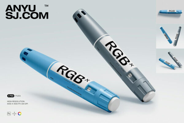 3款极简胰岛素测试笔外观包装设计展示PSD样机Insulin Pen Mockup