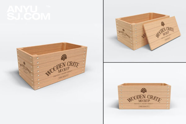 3款逼真质感木盒木箱包装盒设计展示PSD样机Realistic Wooden Crate Branding Mockup Set