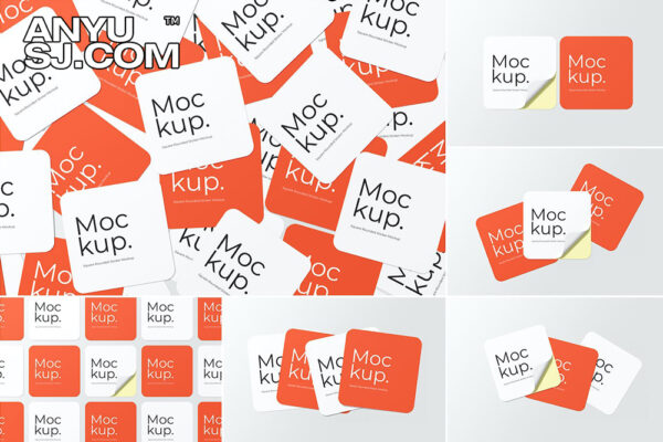 6款正方形圆角贴纸logo徽标标签设计展示PSD样机Rounded Square Sticker Label Mockup
