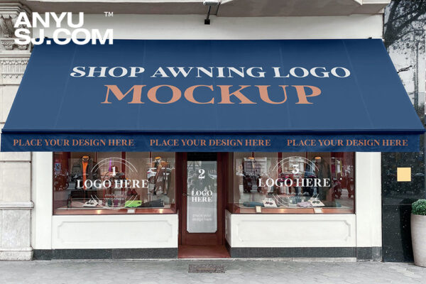 商店商铺小卖部超市店门口遮阳伞广告设计展示PSD样机Shop Awning Logo Mockup