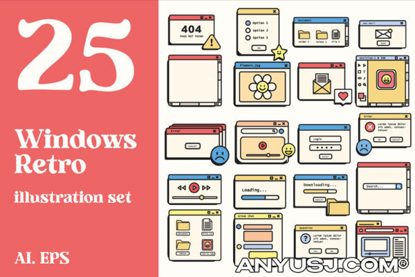 25款复古趣味windows电脑窗口弹窗AI矢量图形插画设计Windows Retro
