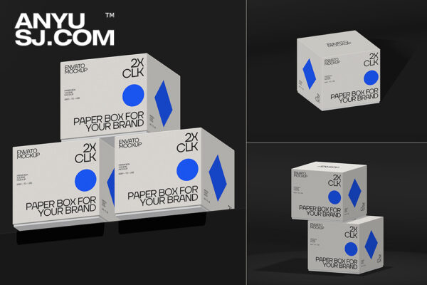 3款极简现代正方形纸盒包装盒PSD样机套装Paper Box Modern Mockup