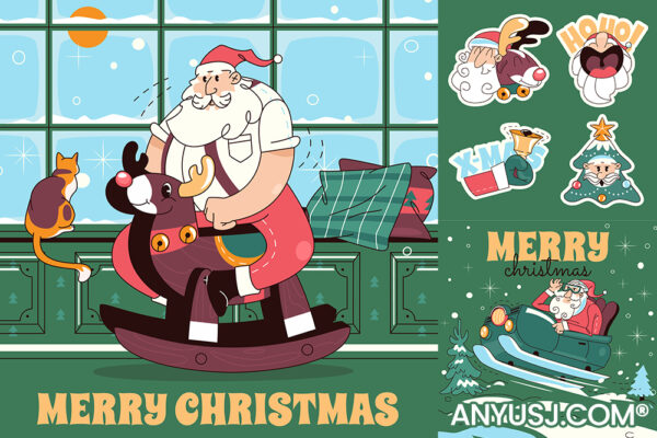 10款趣味卡通圣诞节手绘插画圣诞老人海报贴纸图案印花排版AI矢量设计套装Hand drawn Sinterklaas illustration-第5610期-