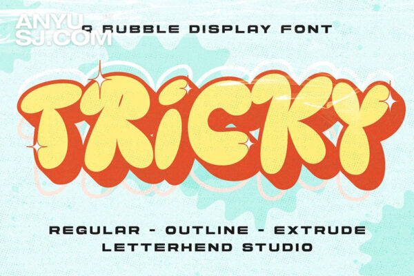 3款复古趣味气泡涂鸦卡通标题海报包装品牌无衬线手写装饰西文字体Tricky-第5540期-