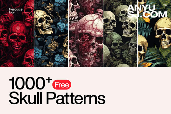 1000+款万圣节头骨亡灵节骷髅插画3D艺术无缝背景图案图片壁纸桌面设计套装1000+ Skull Patterns