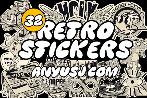 32款复古趣味卡通logo贴纸徽标图标图形AI矢量插画设计套装32 Retro Stickers -第5522期-
