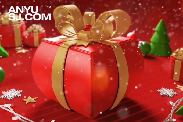 圣诞节卡通风格礼品盒弹出3D金属logo徽标标题展示AE动态片头片尾模板3D Gift Opening Logo Reveal-第5603期-