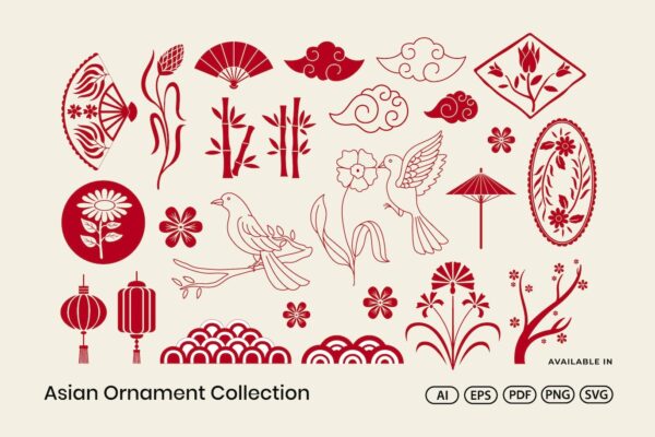 22款国风装饰饰品灯笼竹子扇子鸟雀花卉祥云AI矢量插画设计套装Asian Ornament Collection