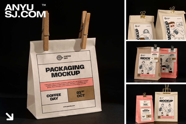 30款极简质感纸袋面包袋食品包装袋外卖包装袋订单标签小票PSD设计展示样机套装Paper Bag Mockups-第5497期-