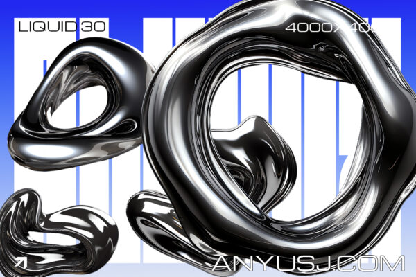 30款3D质感金属镀铬水滴流体圆环PNG免扣设计元素套装Alumix – Liquid Metal Backgrounds-第5514期-