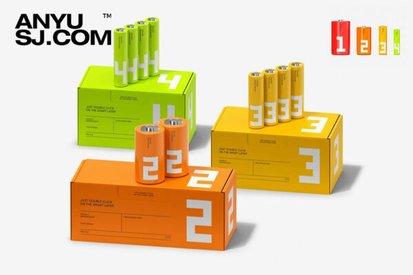 4款极简质感电池包装纸盒包装盒纸箱外观设计展示PSD样机Battery Packaging Mockup Set