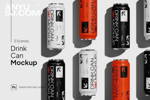 3款极简质感汽水罐可乐罐饮料罐易拉罐外包装设计展示PSD样机Can Mockup
