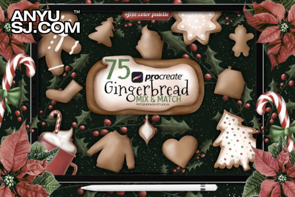 75款圣诞节手绘卡通趣味姜饼人饼干纹理图案插画装饰糖霜Procreate笔刷套装Christmas Gingerbread Mix & Match Brushes for Procreate