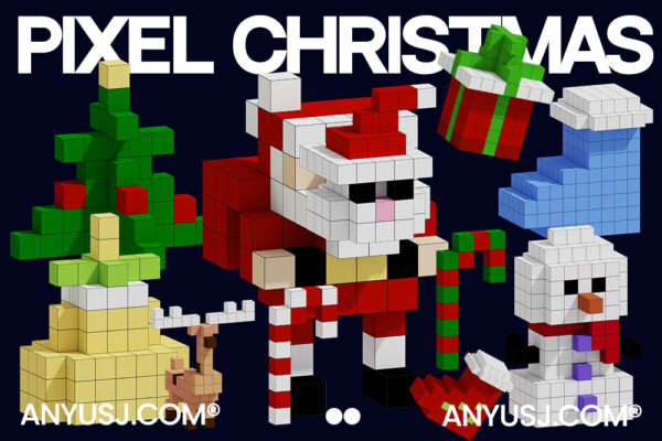 15款复古趣味圣诞节立体像素我的世界方块雪人圣诞老人圣诞树礼物袜子麋鹿插画PNG免扣元素3D模型Icon图标设计套装Christmas Pixel 3D Icon Pack-第5611期-