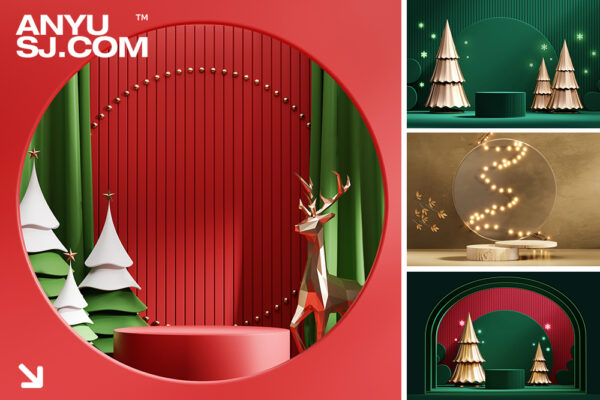 60+质感高清圣诞节3D渲染立体产品展示舞台背景JPG图片桌面壁纸设计套装Christmas Product Display Background-第5628期-