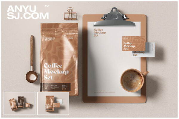 3款咖啡品牌VIS包装袋名片卡片信纸菜单写字板PSD样机Coffee Packaging and Branding Mockup Set