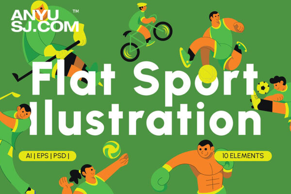 10款绿色系列运动会运动员足球篮球骑行健身排球高尔夫插画插图AI矢量设计套装Green Flat Sport Elements Set 004