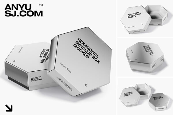 6款高档质感银色金属铝箔六边形天地盒礼盒纸盒礼品盒包装盒设计展示PSD样机套装Hexagonal Metallic Gift Box Mockup -第5542期-