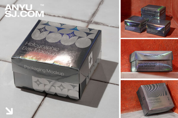 30款极简全息金属纸盒天地盒鞋盒包装盒礼品盒外观设计展示PSD样机套装Holographic container mock-up-第5578期-