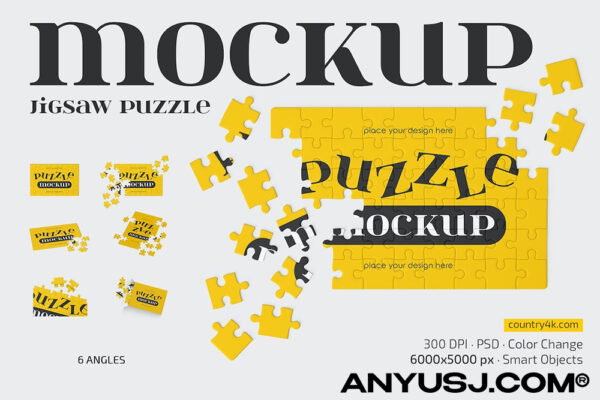 6款极简解谜拼图图案插画设计展示PSD样机Jigsaw Puzzle Mockup Set