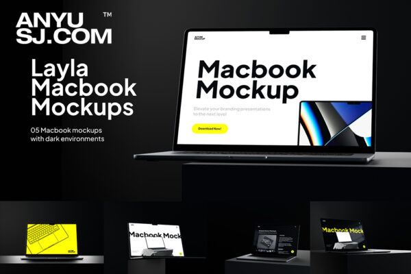 5款现代极简暗黑MacBook笔记本电脑UI设计展示PSD样机套装Layla Macbook Mockups